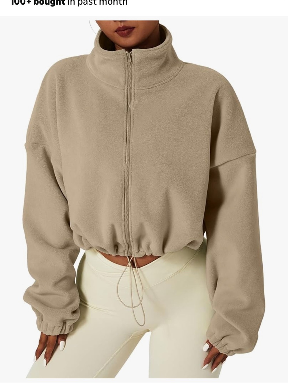 Cropped Zip-Up Fleece Pullover - Taupe